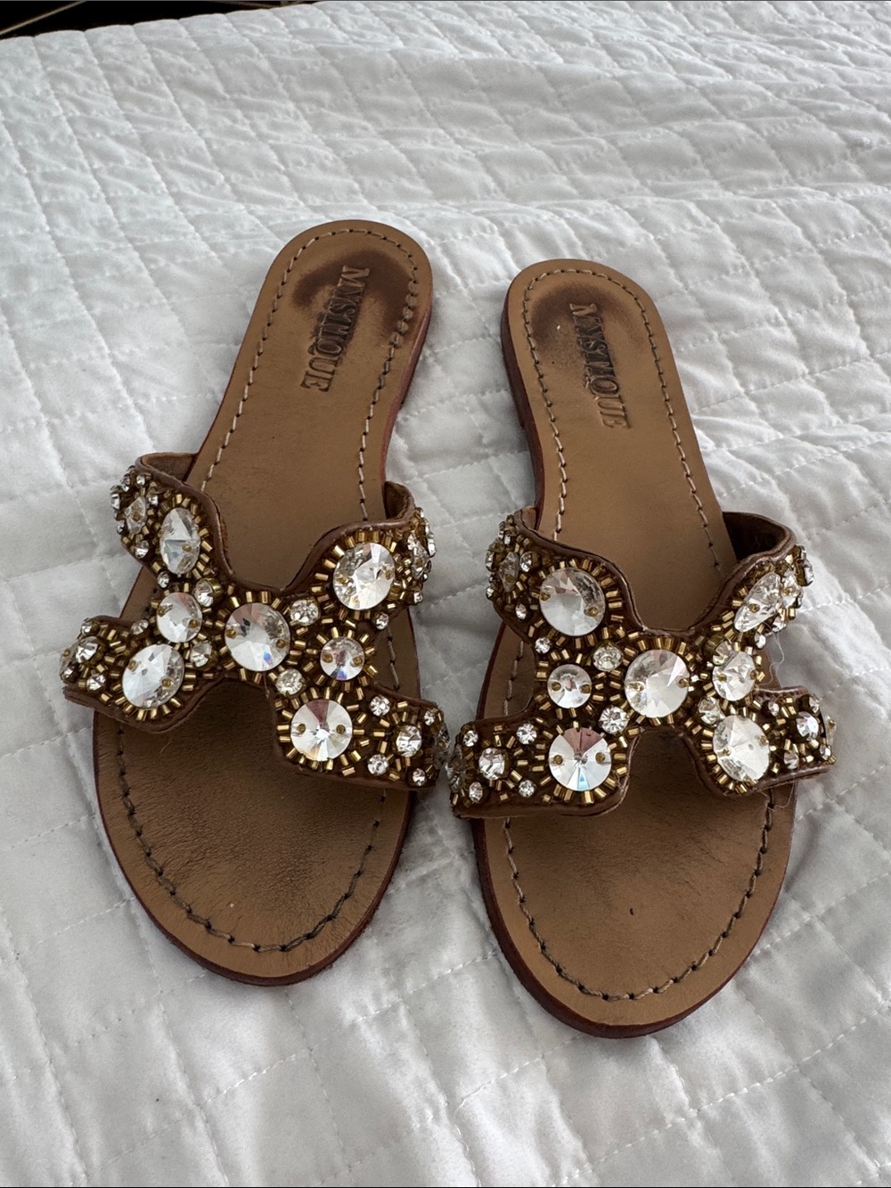 Mystique Boutique Brown Slide Sandals with Crystal Embellishment